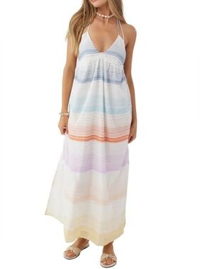 O’Neill Langley Maxi Halter Dress Striped Beach Swim Cover Up Side Slit XS